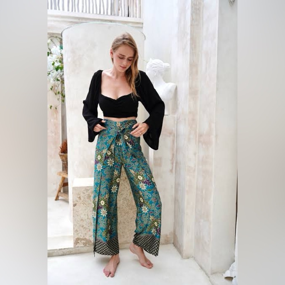 Teal & Purple Reversible Wrap Pants 100% Silk